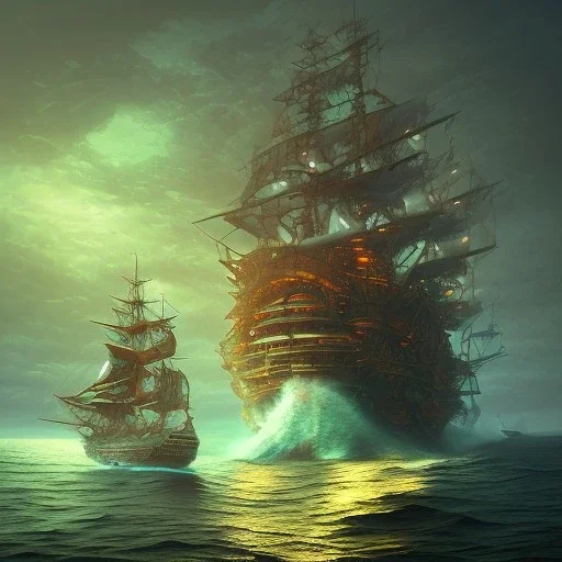 biomorphic Pirate Shipwreck morphed with electronic wiring and mixed with lighting, Nanopunk and Biopunk with cyberpunk look, golden hour, wonderful ambient colors, art by Jarosław Jaśnikowski mixed with Sheila Martin mixed with Fletch mixed with Frank Sun mixed with Anna Dittmann mixed with Alena Aenami.