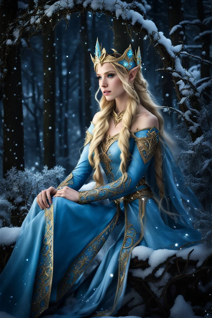 Elven princess,elven crown,long blonde golden hair,rapunzel hair,ice flowers,beautiful,light blue,dark blue,golden armor,sparkle,glitter,ice flowers,snow,elven ears,dark fairy princess