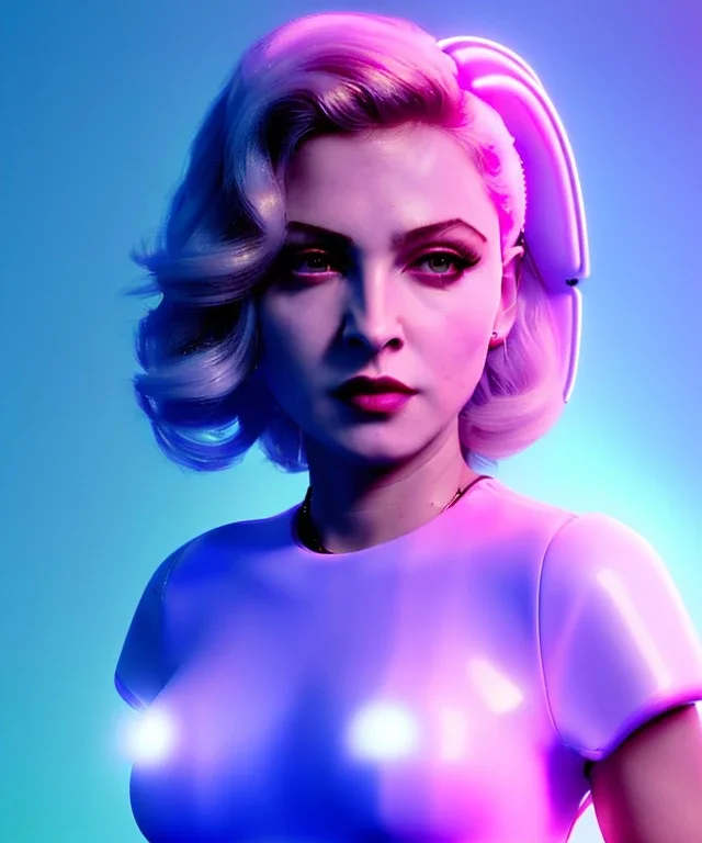 Artist, young madonna, android woman, sweet, blonde, white skin, long eyeliner, contour make-up, color leds lights, cables, short hair, circuits, cyberpunk, latex coat, cyber punk, neon, portrait, studio photo, unreal engine 5, soft color, 16 bit, god lights, ray tracing, RTX, lumen lighting, ultra deatail, volumetric lighting, 3d, finely drawn, hd.