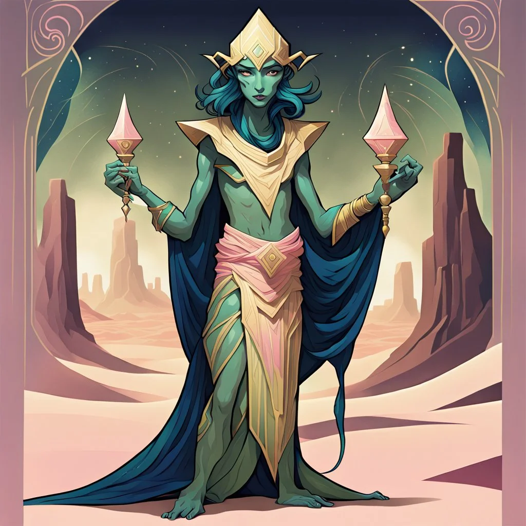 Bordered digital art of a Desert Djinn 10, in the style of torat and art deco, with olive green, pastel pink, rich blues and Shimmering golds accents. Fantasy art. High quality, masterpiece. Dungeons And Dragons