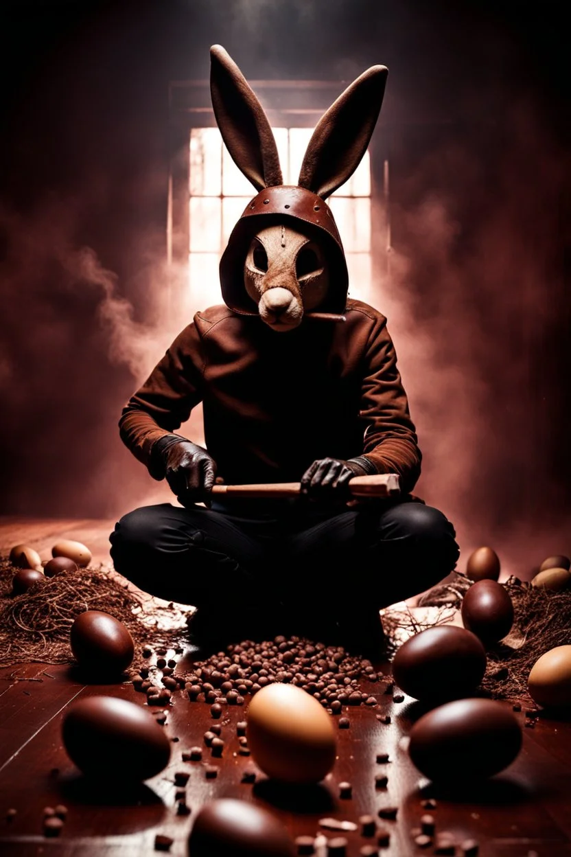 horror figure in rabbit mask sitting on the floor and shatters with a hammer many chocolate eggs, crepy, volumetric light, dark colors, surreal dark mood, cinematic