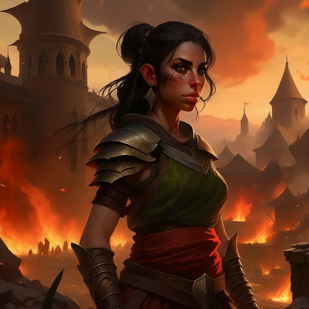 a beautiful dark haired tiefling woman, dressed in a sleeveless battle outfit, watching the burning ruins of a medieval town, bare shoulders