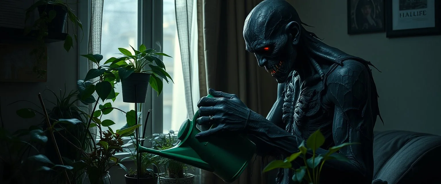 A terrifying black-charred vampire quietly watering a collection of ordinary houseplants in a small, slightly cluttered apartment at midnight. The vampire looks ancient and horrifying, its entire body blackened and fire-scorched, cracked charcoal-like skin with faint ember-red glow deep inside the fissures, soot-covered hands, pale unnatural eyes, burned and tattered clothing, traces of ash resting on its shoulders. It holds a small green watering can with careful, gentle precision, completely a