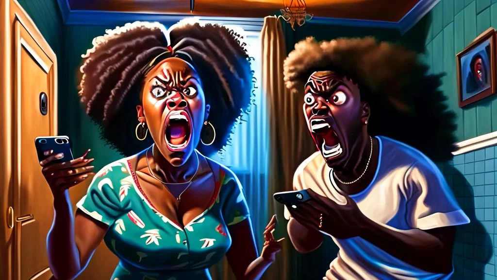 angry black lady screams at her phone while Tyrone who is in his own basement is yelling at his phone