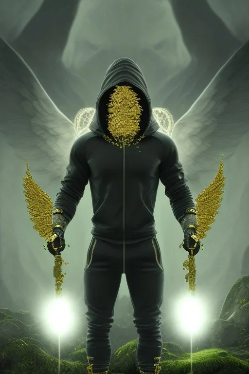 running berserker portrait , no face, black jogging suite , in the night Alps , holding coins , angels background, volumetric gold light, high detail, dark leaf tree, dark mountains in background, perfect, HR Giger style