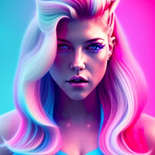 Katheryn Winnick, topknot hair, retro futuristic, hair dress, gradient color, BLUE, PINK, CYAN, neon, insanely detailed, 16k resolution, perfect eyes, cinematic smooth, intricate detail