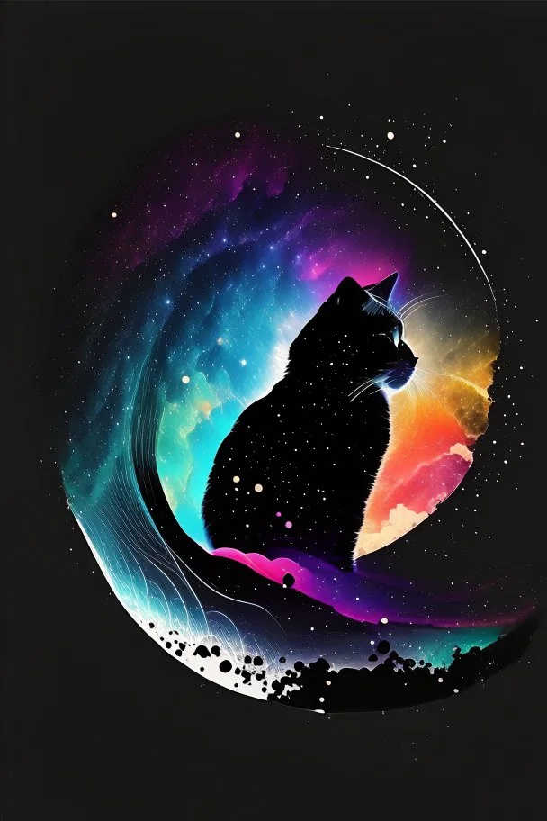 high quality, beautiful and fantastically designed silhouettes of colorful cat due to gravitational waves, beautifully designed wavelengths, very weak vibrations caused by fluctuations in the gravitational field of the universe, wave nature, stretching and compression, by yukisakura, awesome full color,