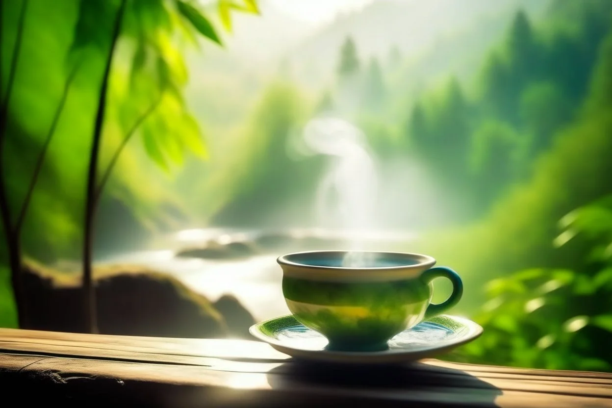 steaming tea in a beautiful china cup on a wooden table, rainforest and a waterfall in the distance in sunshine, ethereal, cinematic postprocessing, bokeh, dof