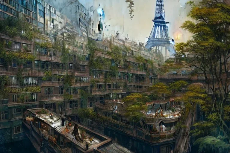 Senna+river+Bar on garden rooftops +Paris mixed new york +Skyscraper +steampunk+biopunk+alphonse mucha, greg rutkowski,matte painting, cryengine, hyper detailed, felix kelly, fantasy art, seb mckinnon