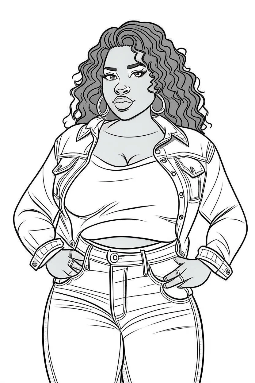 black curvy woman wearing jeans, eyes front camera coloring page