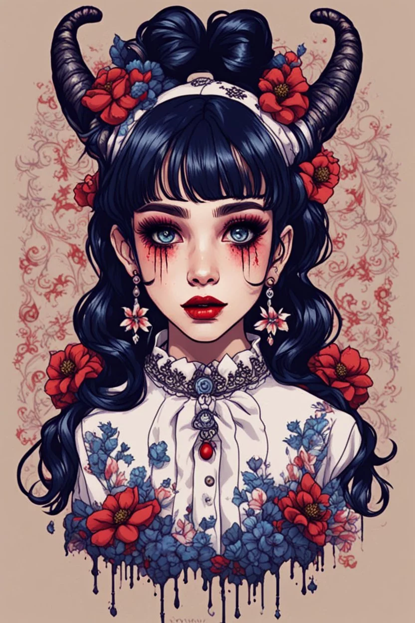 wears a smart shirt which is embroidered with bluered flowers and ornaments, has dark eyes and horns,Poster in two gradually, a one side malevolent goth vampire girl face and other side the Singer Melanie Martinez face, full body, painting 90's movie , pixel art , for a retro gaming 2D style by Yoji Shinkawa, darkblue and sepia tones,