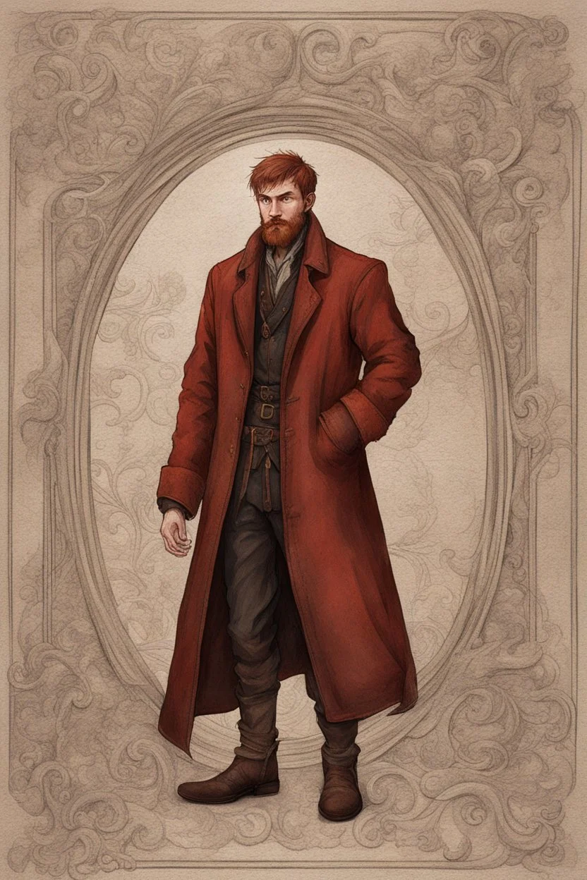 man, medieval, fighter, russian, croocked nose, czar, rich, simple clothes, short messy hair, thick beard, oligarch, leather coat with fur, brocade clothes, pencil drawing,red hair, muscles, background frame, 20 years old, medival leather boots