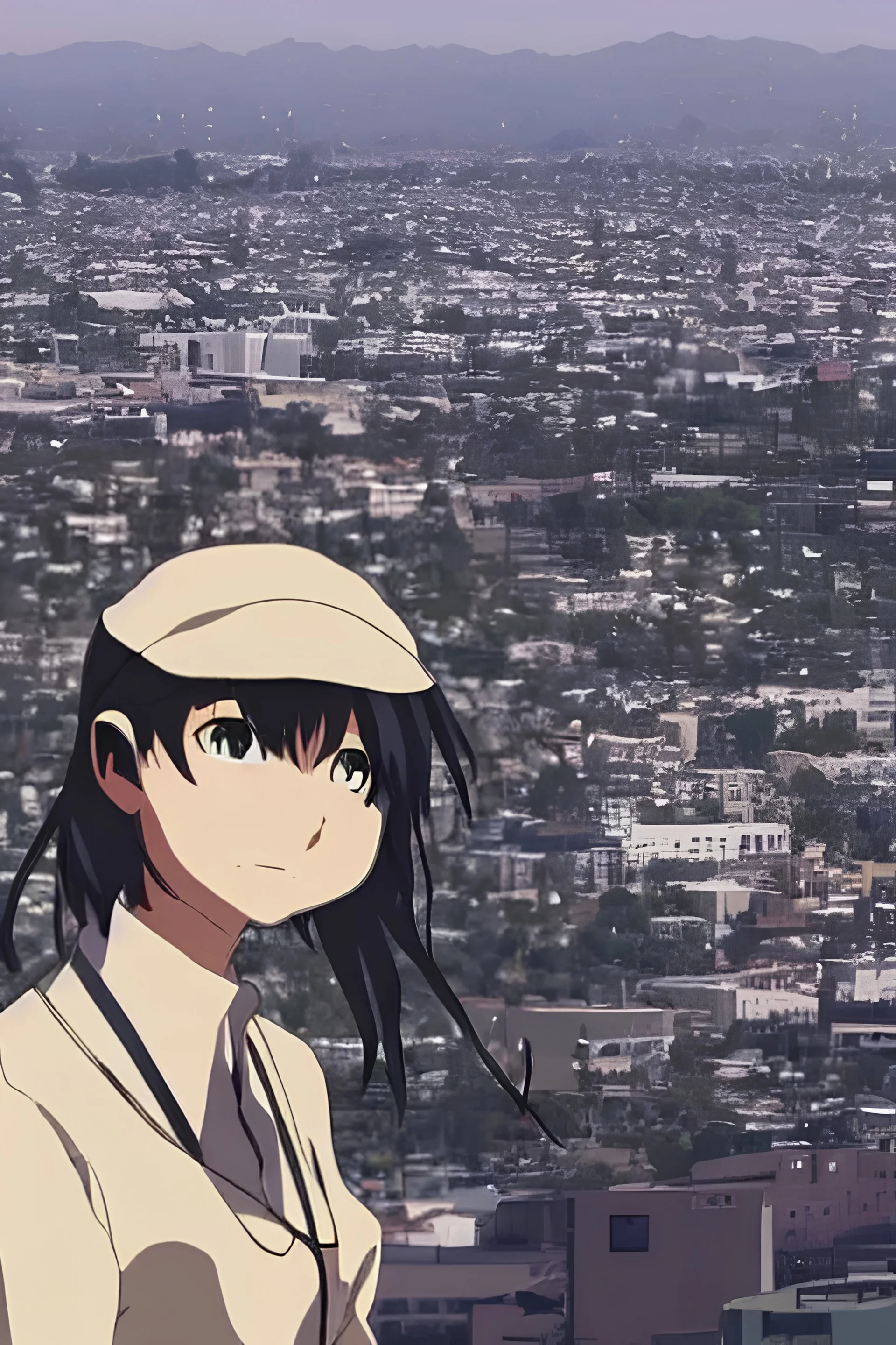 Centered makoto shinkai style anime girl, street level los angeles Crenshaw and Florence google map photorealistic background, 80mm camera lens, wide angle, Los Angeles, street level view, corner of Florence and Crenshaw, edge, high detail
