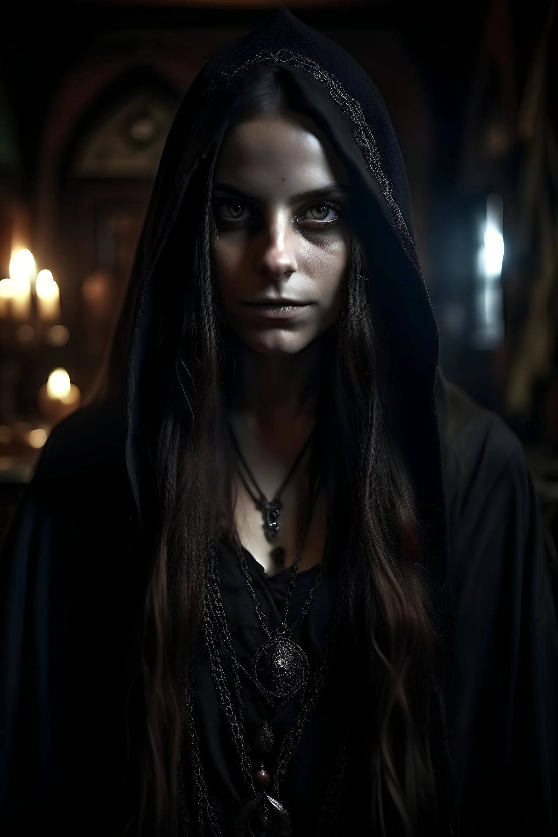 portrait of a beautiful young female necromancer, messy long hair, goth girl, pale grey eyes, pale smooth skin, dressed in an ornamented revealing black robes with a hood, confident, evil, unholy symbol, standing in a tavern, realistic, sexy, cinematic lighting, highly detailed face, very high resolution, looking at the camera, centered