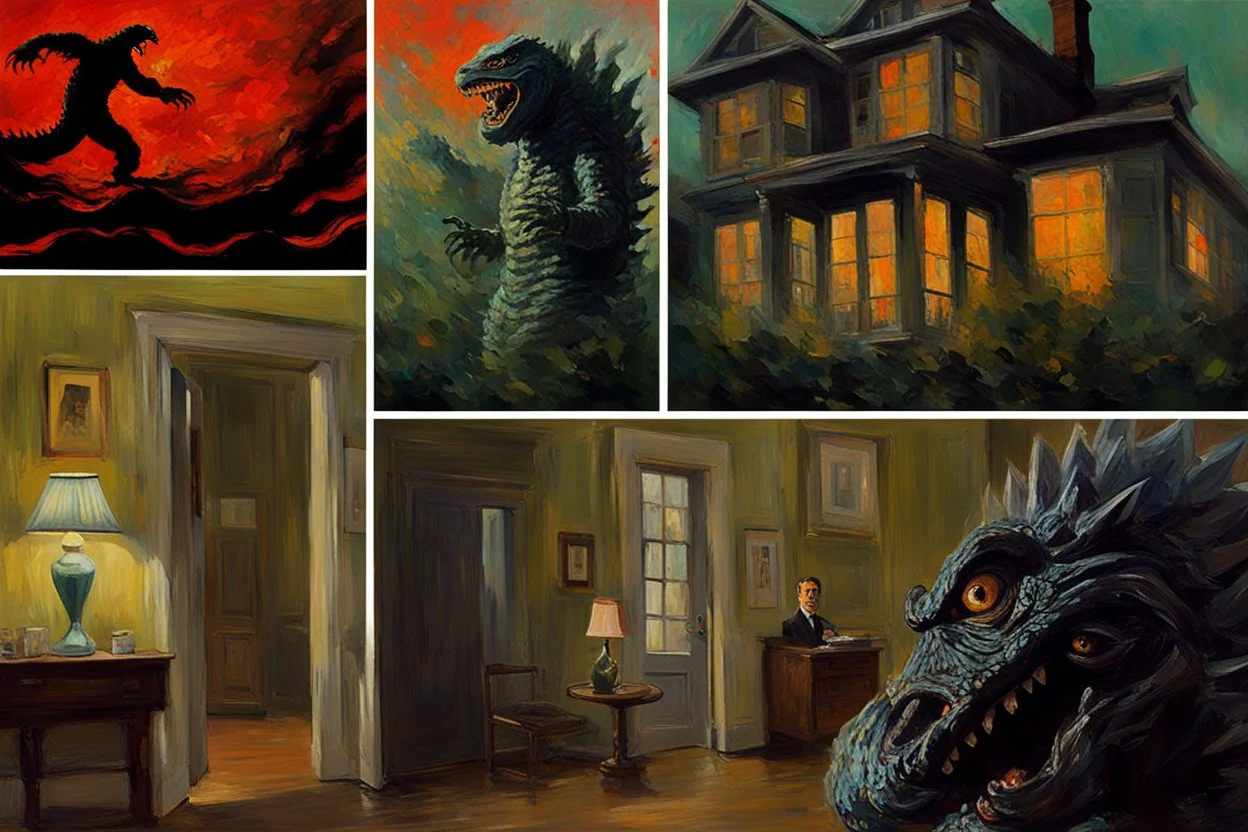 godzilla and 1960 norman bates psycho house movie, henry luyten and auguste oleffe impressionism paintings