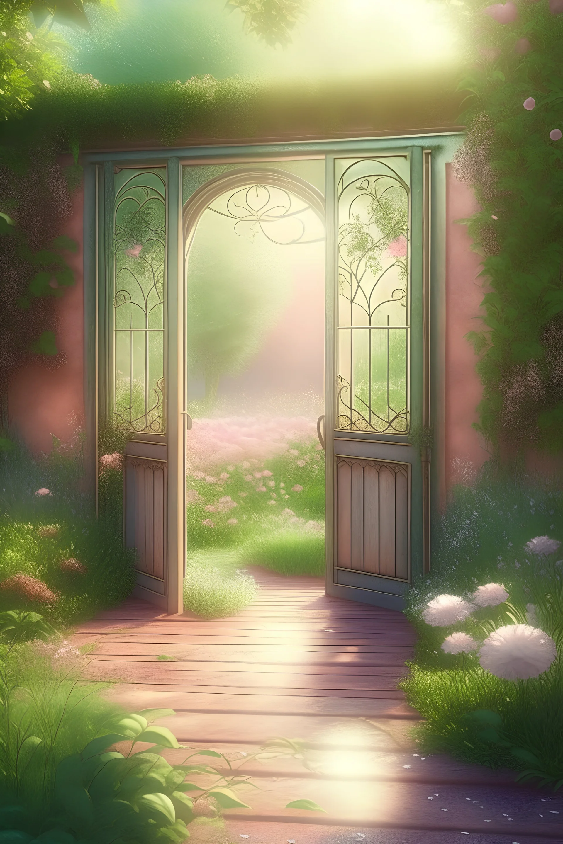 An open door to a beautiful summer garden, ,complex, amazing, magical gentle, sparkling dew drops, dawn, magically, in pastel transparent tones, hyperrealistic, beautiful, lumen, professional photo, 3d, 64k, high resolution, hyperdetalization, hyperrealism, f16,1/300s, highly detailed digital painting, bright, juicy, photorealistic painting, solar illumination in the background, bright lighting, aesthetically pleasing, beautiful, clarity of contours