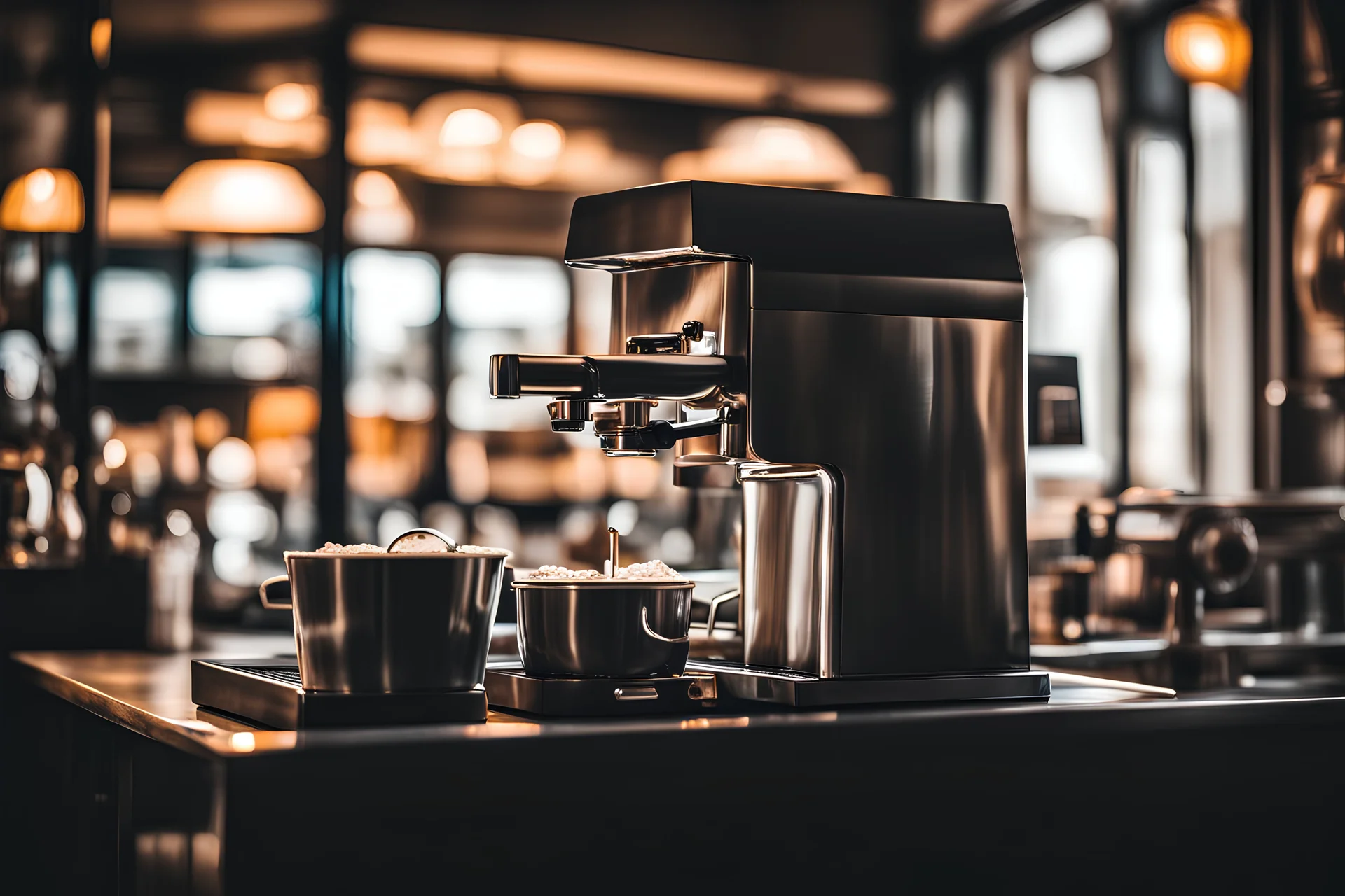 a photo of an Espresso Machine backlit in a café with a narrow aspect ratio