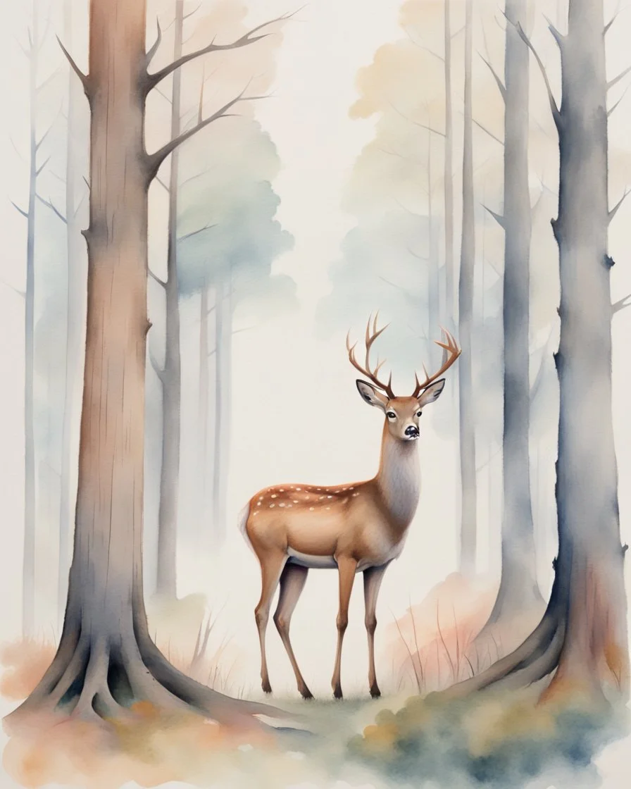 deer with antlers standing sideways, looking at viewer, realistic water color painted, among tall simplified tree trunks, foggy, pastels, colorful