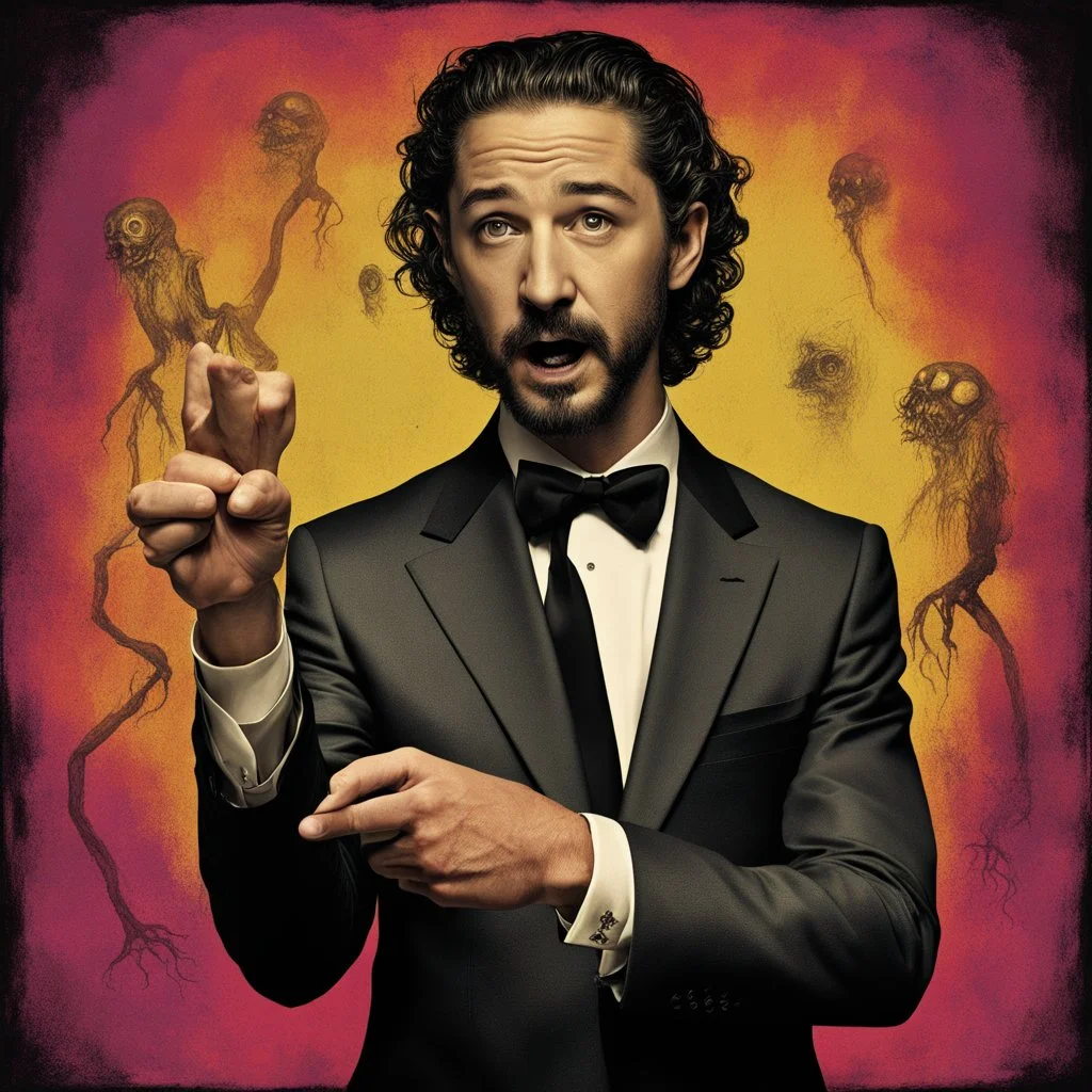 Shia LaBeouf pointing at Shia LaBeoufs meme, unbalanced, surreal horror, warm colors, By Dan Mahurin and Tim Burton, creepy, warm colors, weirdcore, opulent shadows, expressionism, by Joel-Peter Witkin