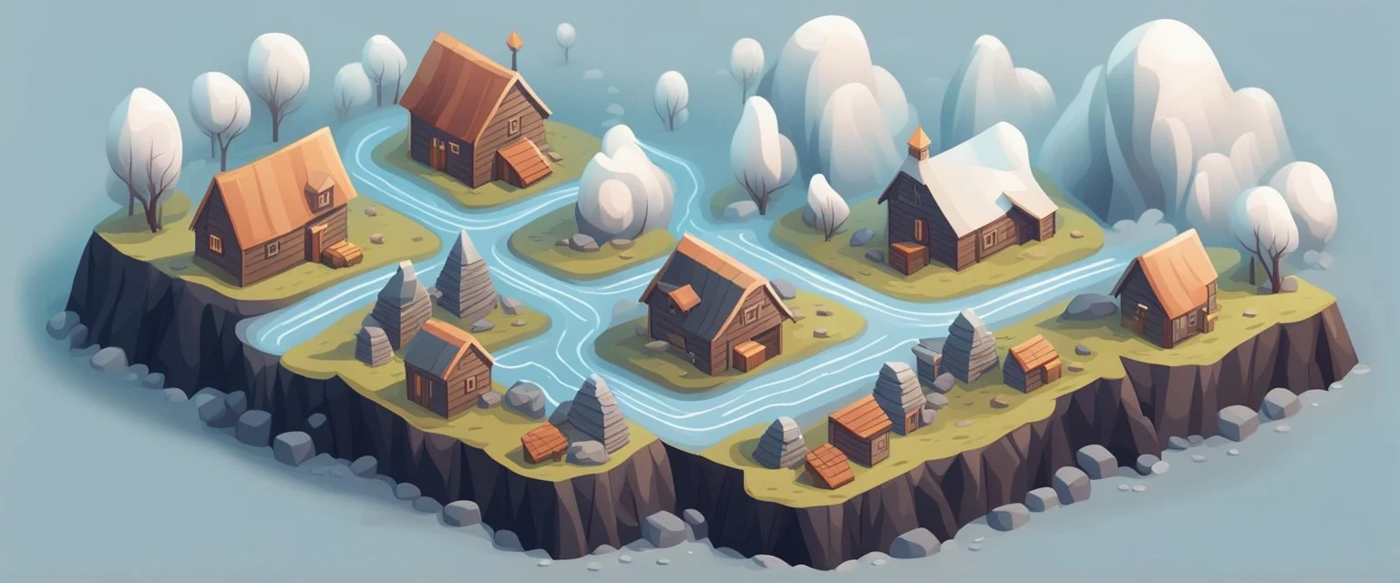 isometric game iceland landscape with houses and fog of war