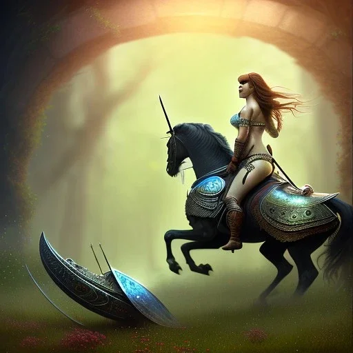 ultra detailed portrait of beautiful Red Sonja Riding a Black Horse, wearing a bikini plate armor, extremely detailed digital painting, extremely detailed face,crystal clear green eyes, in the style of robert e howard and pablo oliveira and Ken Kelley, mystical colors,perfectly centered image, perfect composition, rim light, beautiful lighting,8k, stunning scene, raytracing