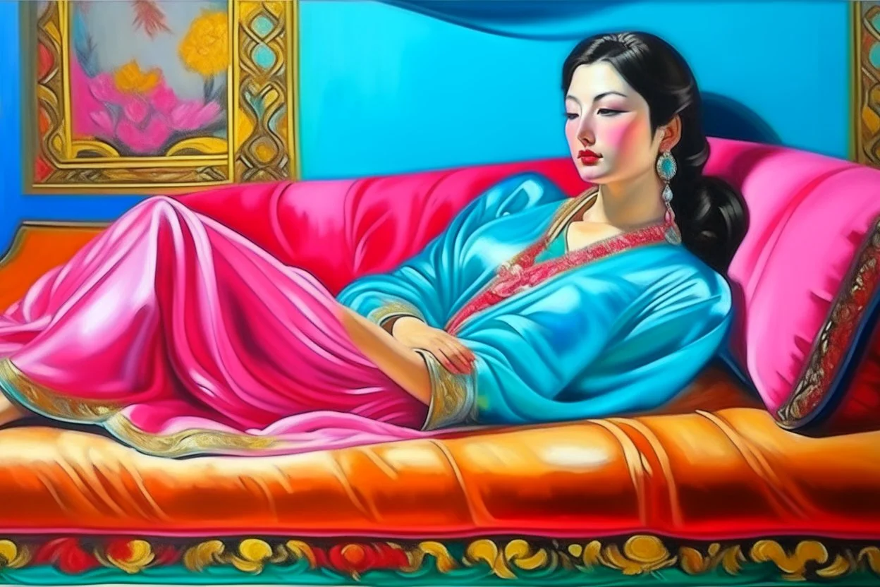 oriental woman lying on a pillow painting neoclassism bright colors zoom out realistic whole body