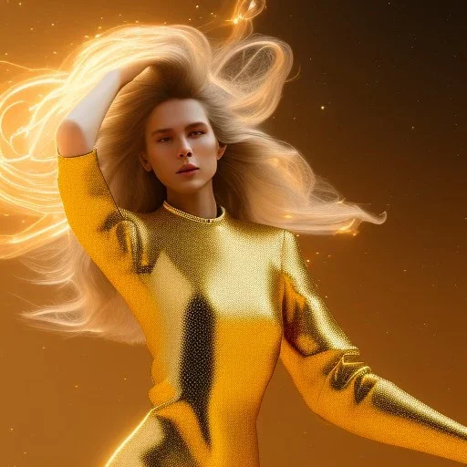 beautiful cosmic golden male, long hair, nice smiling, delicate colors, beautiful glamour galactic golden dress, ultra sharp focus, 8k, unreal engine 5, extremely sharp detail, light effect, soft light atmosphere of a spaceship, smooth, full of details, face in front, complete vision of face and body