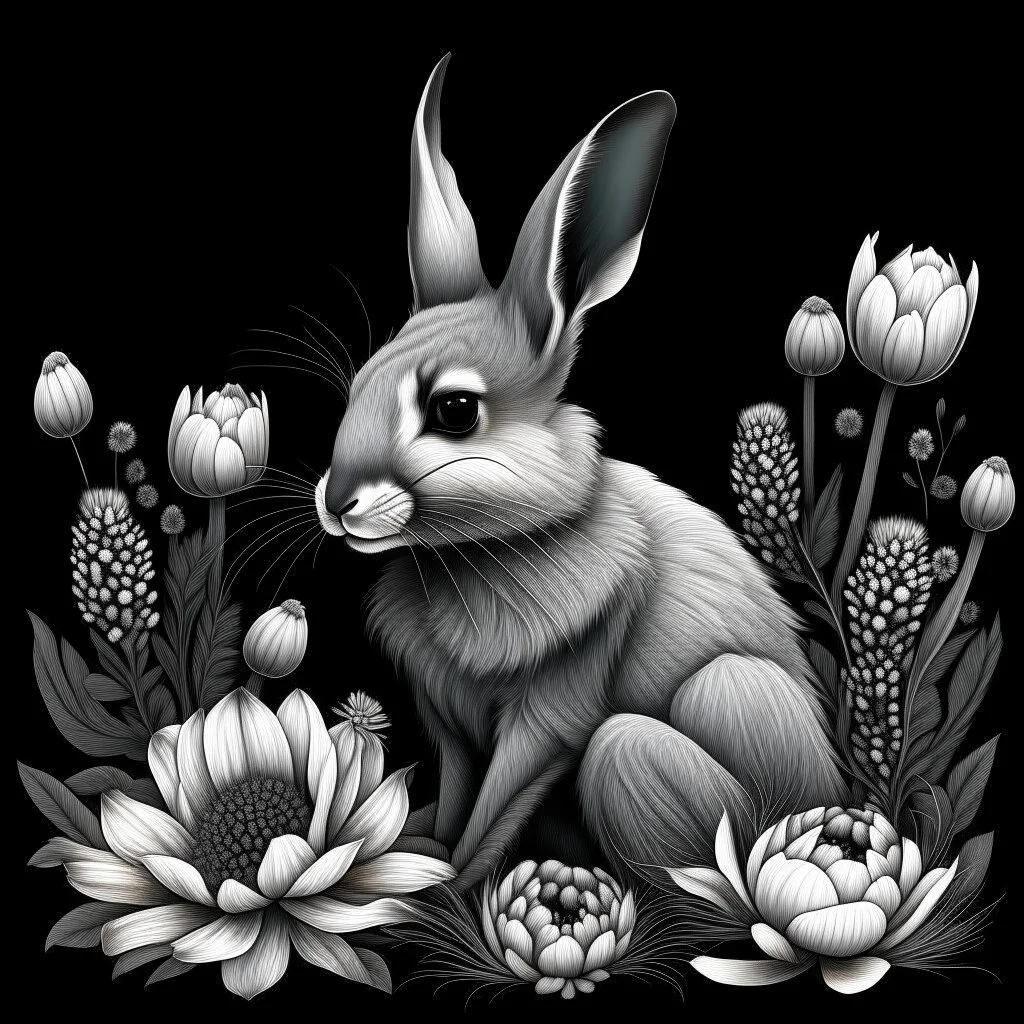 black and fox Patagonian Mara between seeds and big flowers black background. for a coloring. with grayscale