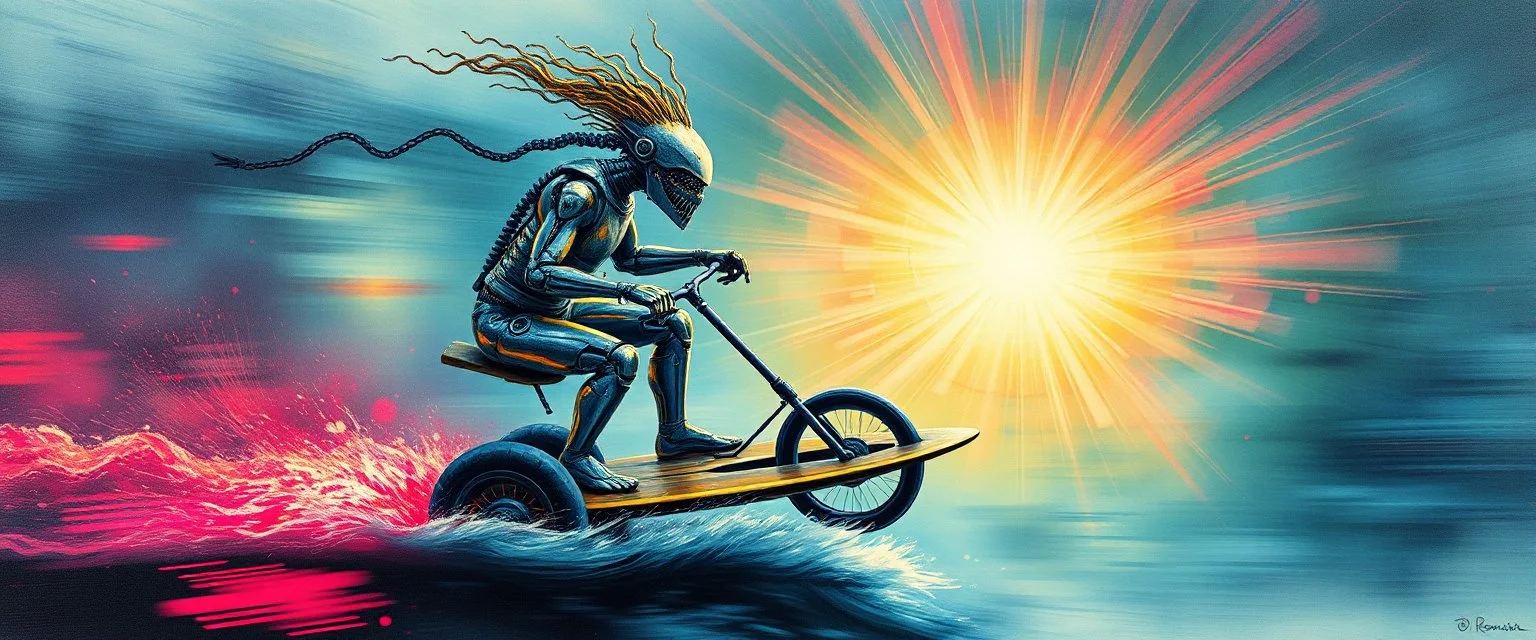 airbrush and pen outline, master oil painting by Rembrandt, viggo sandvik as insane eel wild ginger robot on surfboard boat trike , goa trance glitch poster, background motion blur, volume fog with light rays