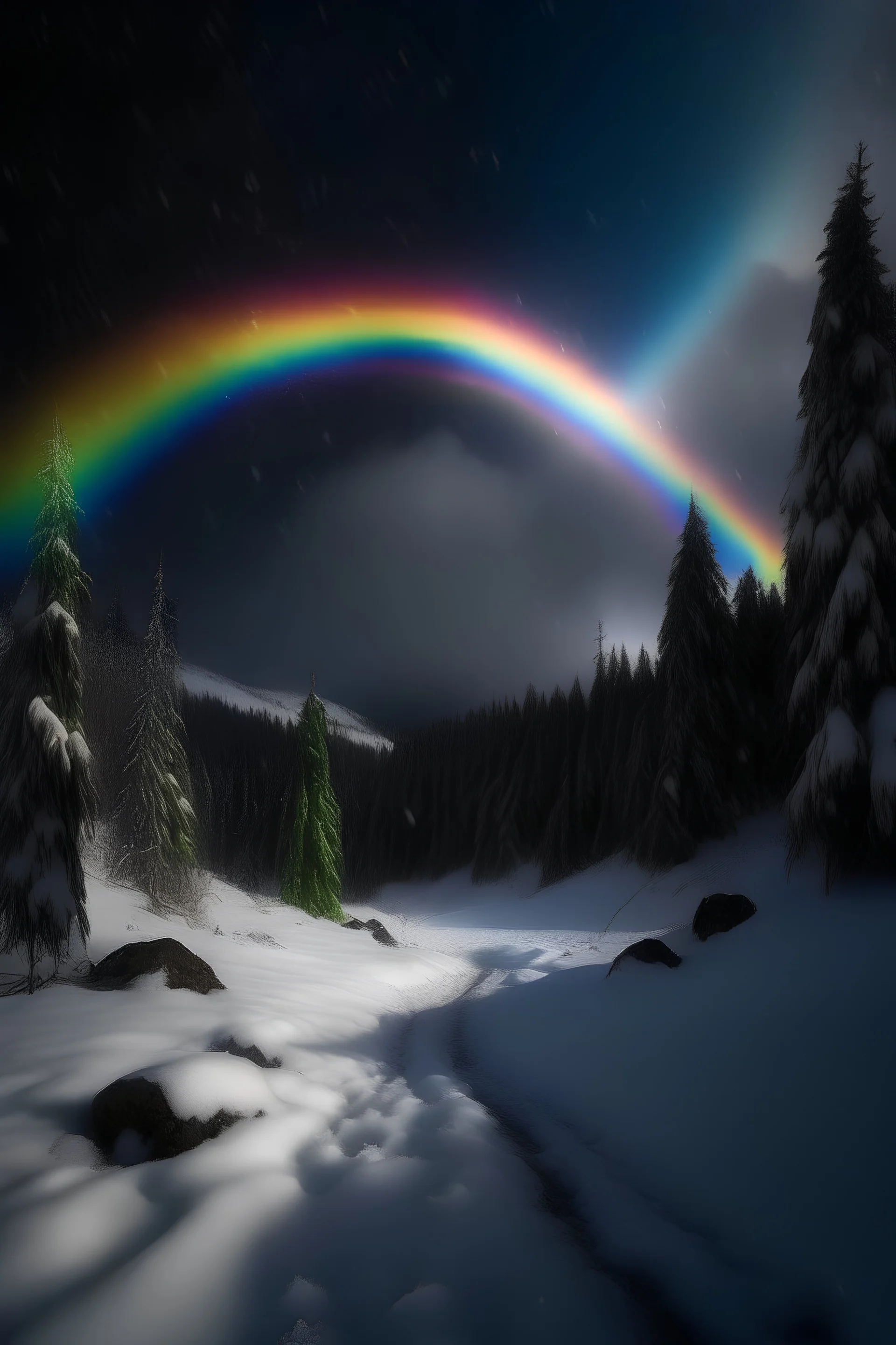 Most reliable dark place with rainbow and snow falling