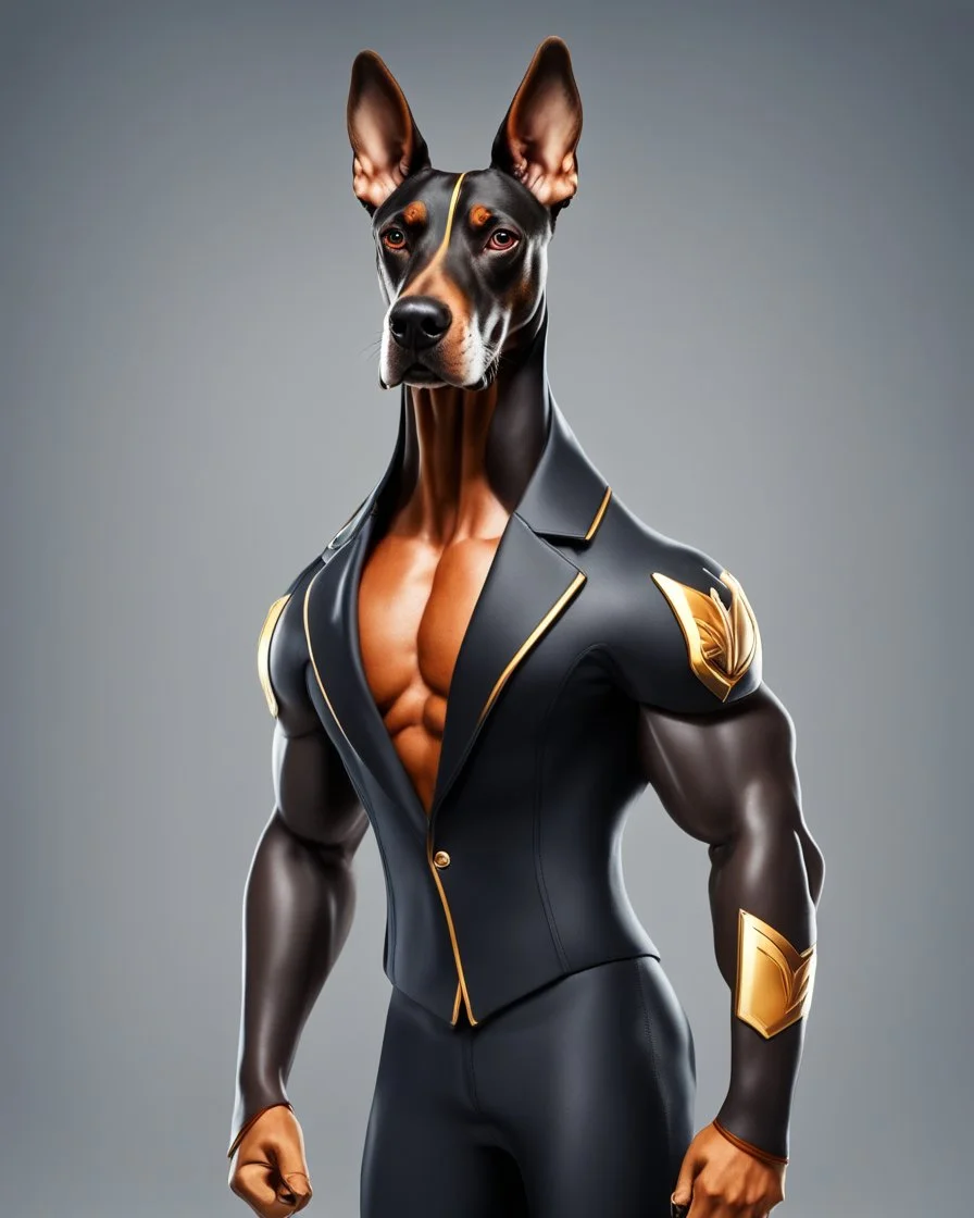 Muscular and powerful Doberman superhero, weightlifter type, with a serious and confident expression. He wears the suit inspired by Batman's. On the chest a (((stylized logo))) of a dog. Strike a heroic pose. Vibrant typography 3d rendering photo.