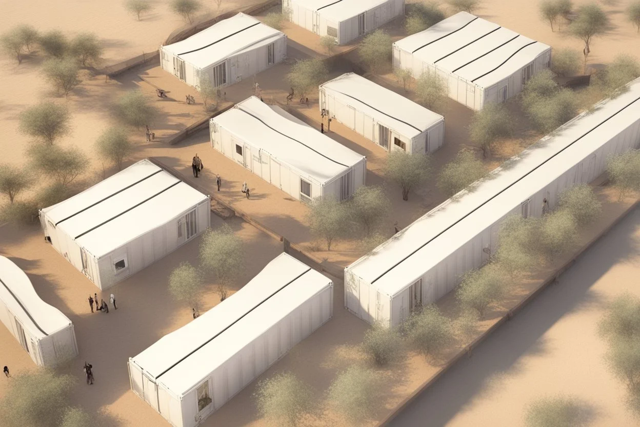 Can you please come up with a design concept for a refugee camp that houses displaces Palestinians that is Meaningful, resilient, self sufficient, safe and takes into consideration Palestinians culture and religious beliefs in the dessert using shipping containers as a base for the buildings with gardens and communal spaces