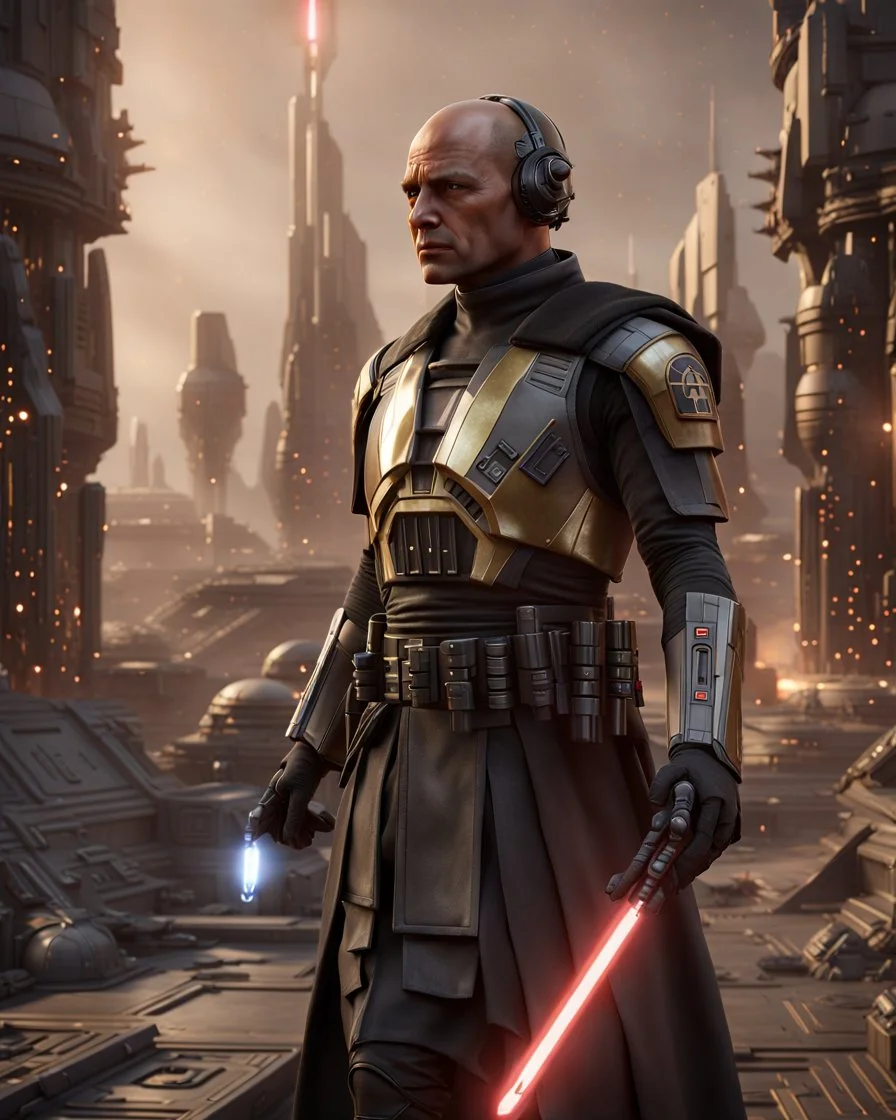 star wars bald male corellian pilot wearing pearlescent black and gunmetal grey First Order special forces heavy assault stealth commando armor and helmet with gold trim inside the jedi temple, hyperdetailed, dynamic lighting, hyperdetailed background, 8k resolution, volumetric lighting, light skin, fully symmetric details