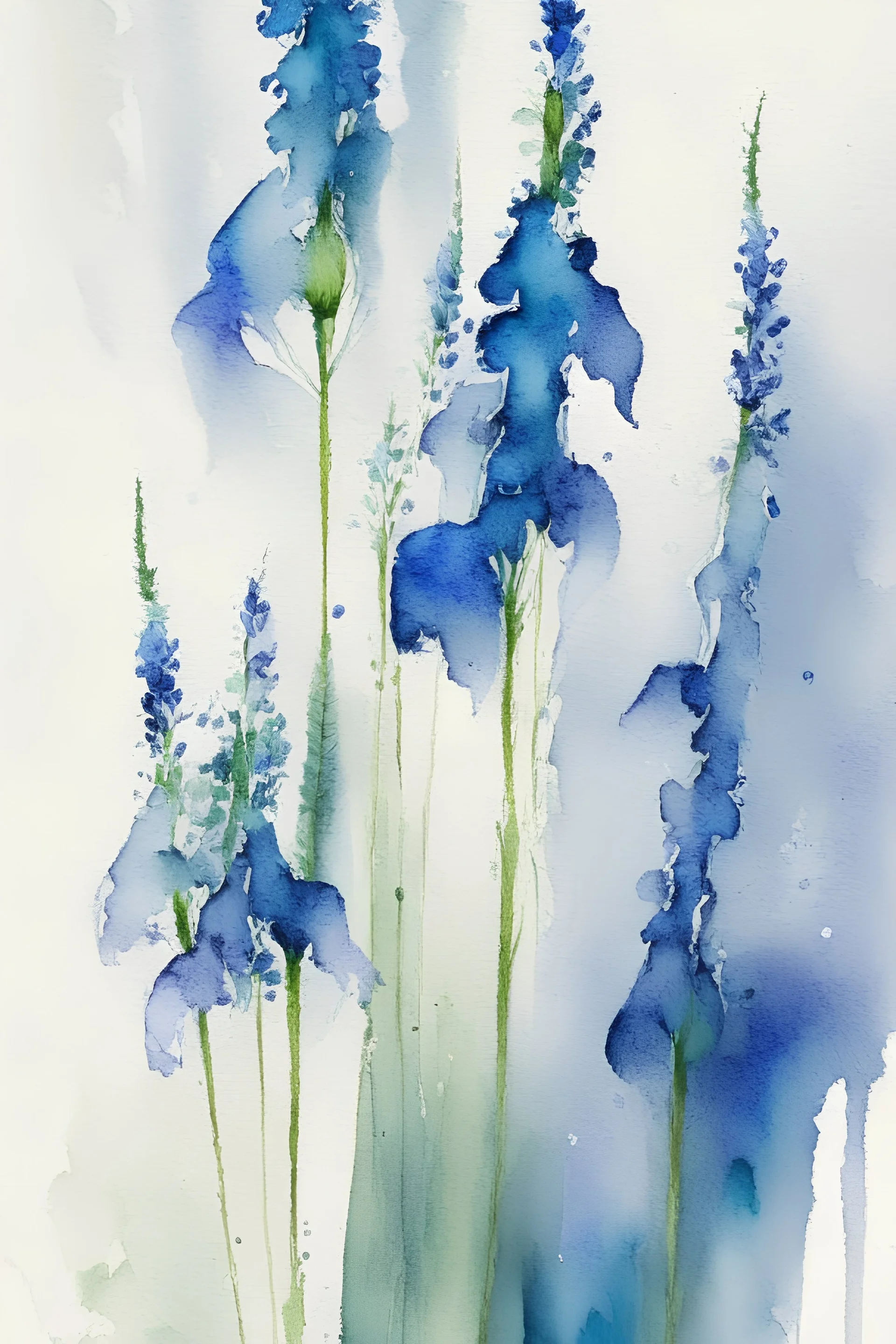 Abstract wet watercolour, blue green stalks delphiniums
