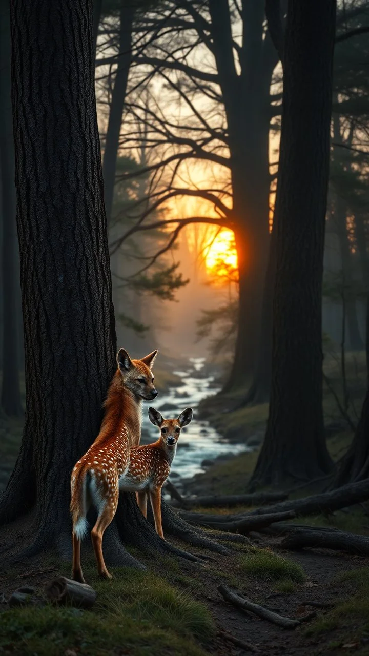 A Hyena hiding behind a tree watching a beautiful baby dear standing in wood with a huge trees , river stream in the middle , behind to tree dim light of the sunset,