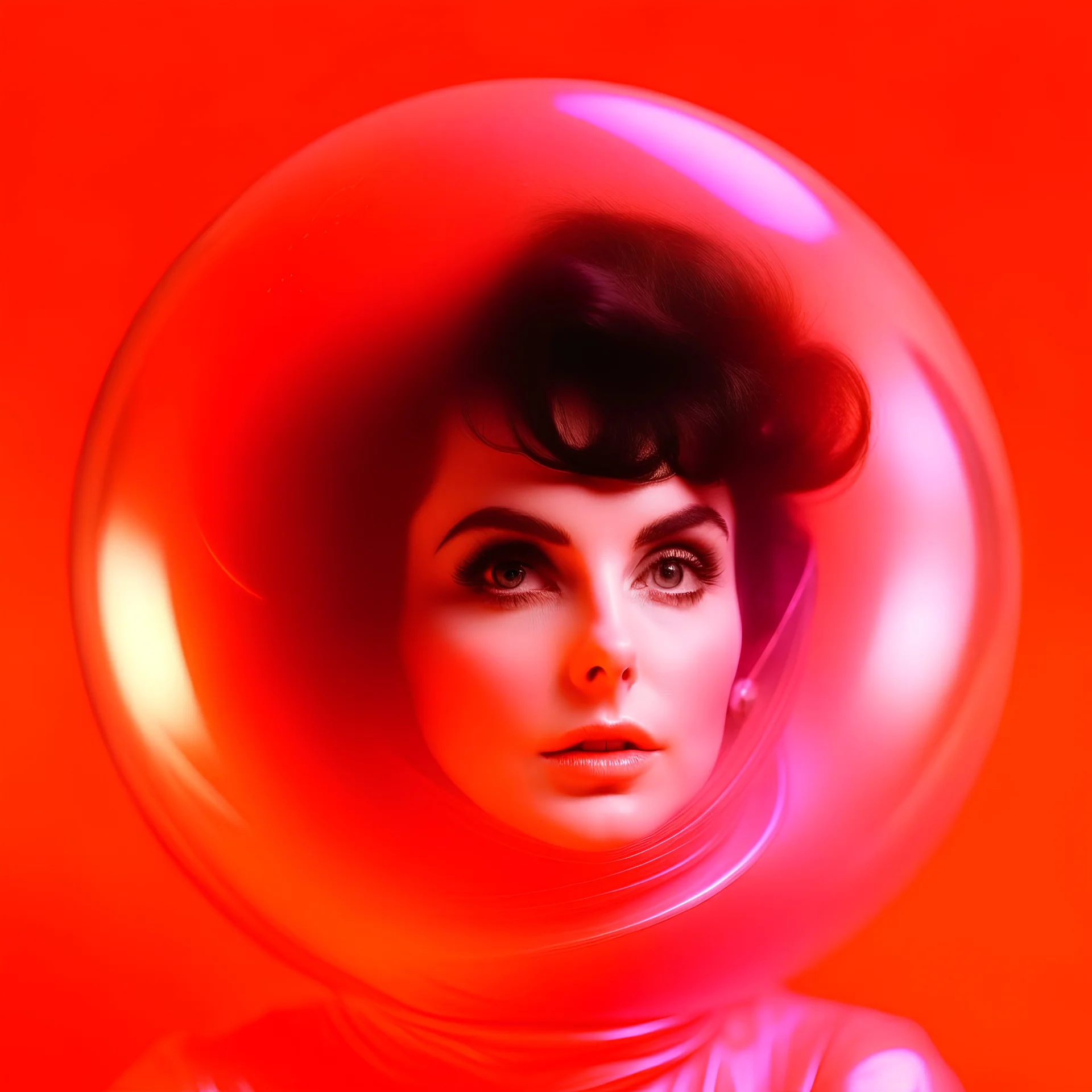 Retro futuristic, pink and orange, elizabeth taylor in a bubble