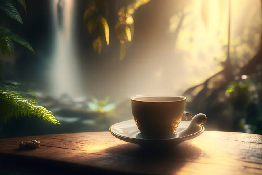 steaming tea in a beautiful china cup on a wooden table, rainforest and a waterfall in the distance in sunshine, ethereal, cinematic postprocessing, bokeh, dof