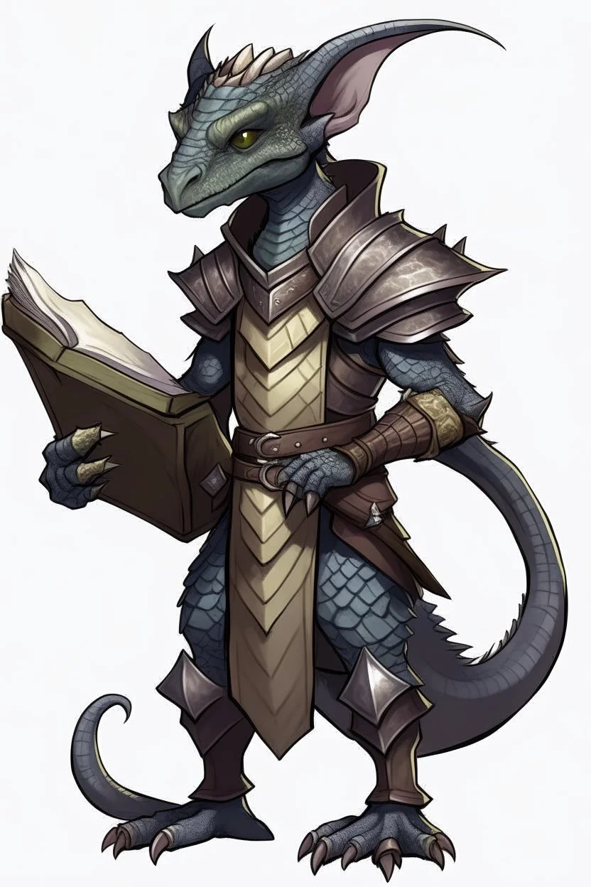 Kobold from dnd, grey diamond - shaped scales, magic book, leather armor