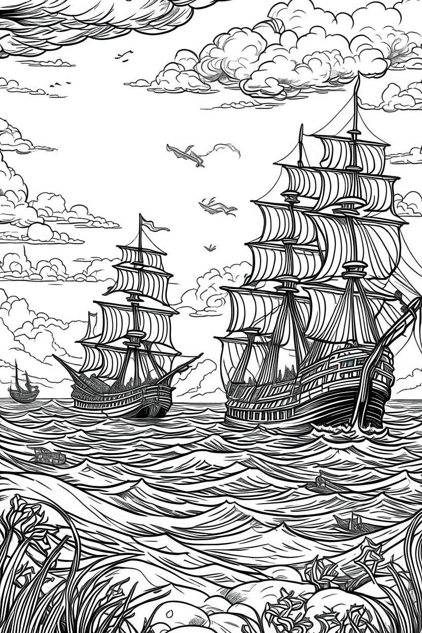 Outline art, no shading, ships on the sea, cartoon style, black and white, low detail, --ar 9:11