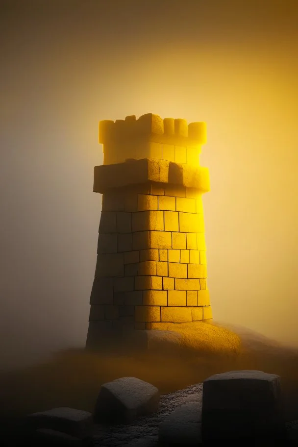 guard tower build of yellow stones misty trending, depth of field, backlit