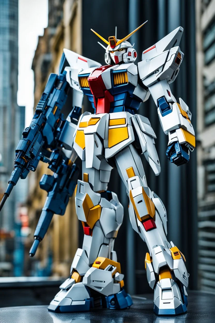 Full body Photography A picture cyber mechines Gundam,with surface coated chrome polished details, city background