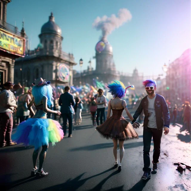 Ultra Realistic photo, medium shot view, drunken dancer women, carnival scene, monster hair, steampunk. Blue hair, confeti, Sunglasses, smoking, happy, festival, red fog. highly detailed, concept art, unreal engine 5, ray tracing, RTX, lumen lighting, ultra detail, volumetric lighting, 3d, finely drawn, high definition, high resolution.