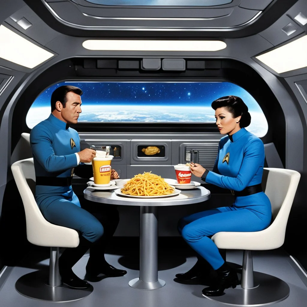 [vintage star trek original series] one man and one woman start trek officiers eating McDonald in the Starship Enterprise, they have their feet on the chairs