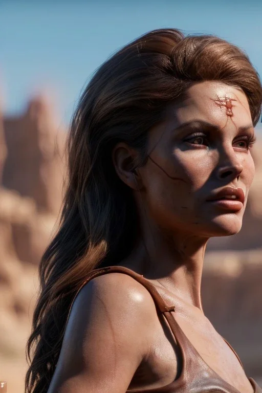 Portrait, young Raquel Welch, natural busty, prehistory leather cloth, desert, Ultra realistic, prehistory style, wide angle view, soft color, highly detailed, unreal engine 5, ray tracing, RTX, lumen lighting, ultra detail, volumetric lighting, 3d, finely drawn, high definition.