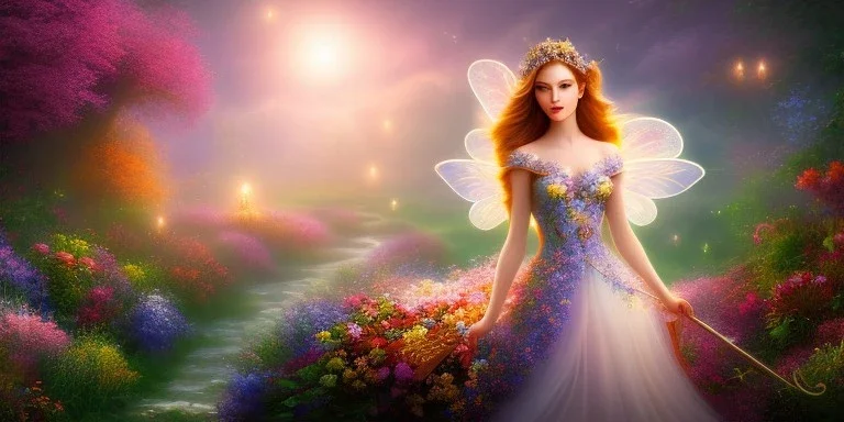 bright fairy, beautiful portrait, flowery landscape