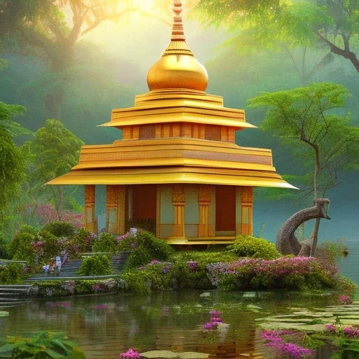 indian temple at sunrise in the jungle, lake with lotus flowers, perfect composition, hyperrealistic, super detailed, 8k, high quality, intricate details, highly detailed