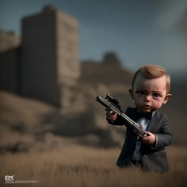 James bond toddler, full body, gun, car, dramatic lighting, hyper realistic