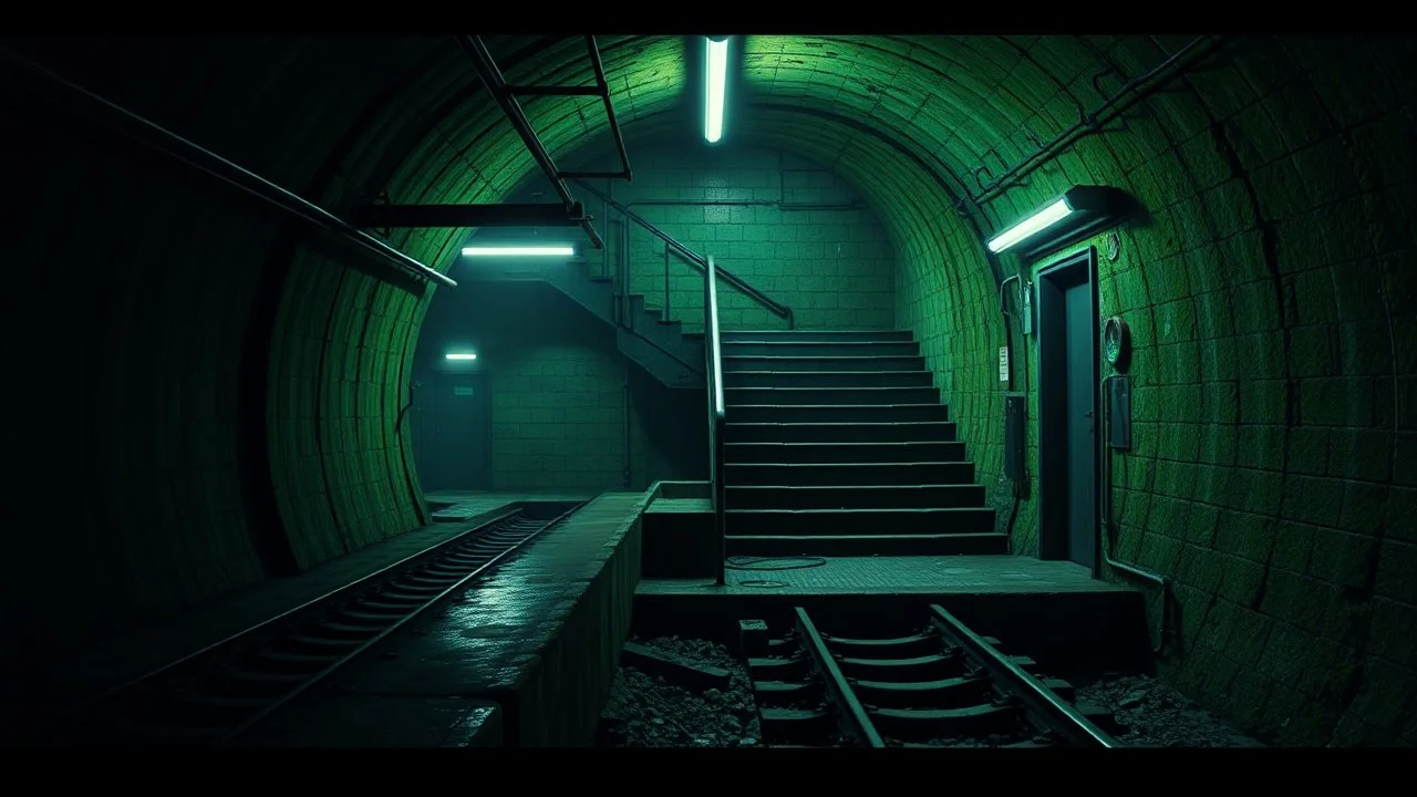 GAME CONCEPT ART .two poin perspective.Station platform and stairs from side .photograph inside of hole .very big ambient.gient station.Inside the old subway tracks, . Low light and closed green moss walls. Like the original design of the game space ,digital art.landscape,far camera old painting,2 Chen and George Hopper, Rembrandt lighting, a dark green color scheme, . --ar 13:16 --v 6. 0 metro game