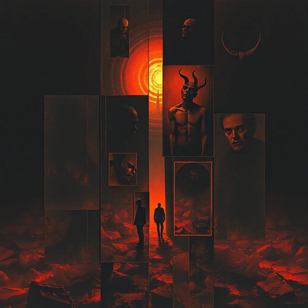 nihilism, mourning damned souls in hell, gnostic regression, segmented, by Dave McKean and VS Gaitonde and Zdzislaw Beksinski, surreal, horror, fragmented minimalist composition, overlapping cel boxes shuffled, moody, sinister