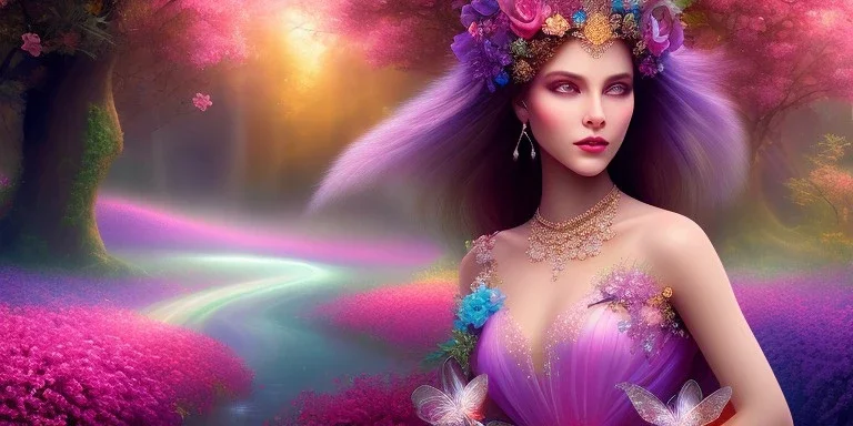 bright fairy, beautiful portrait, flowery landscape